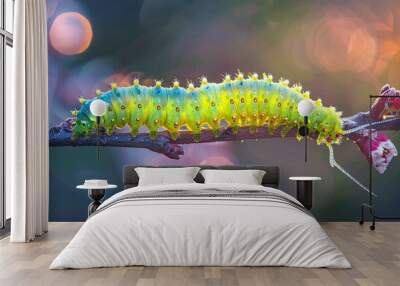 Glowing neon caterpillar on pixelated branch dawn light Wall mural