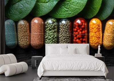 Herbal supplements and capsules arranged with fresh leaves on a wooden surface Wall mural