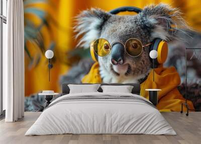 Koala wearing headphones and glasses, dressed in a yellow shirt, against a matching background Wall mural