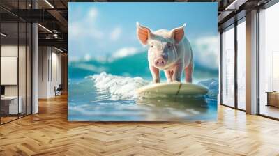 Pig surfing a wave on a surfboard under a clear sky unique and fun Wall mural