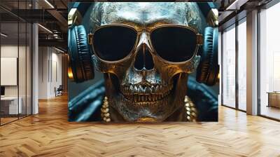 Skeleton DJ with gold chains, headphones, dark background Wall mural