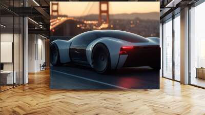 Sleek and modern autonomous concept car driving across a city bridge Wall mural