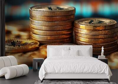 Stacks of coins and cryptocurrency, financial charts in the background, focus on investment and trading Wall mural