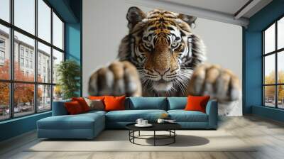 Tiger in martial arts pose wearing a gi, intense focus, white background, blending nature and discipline Wall mural