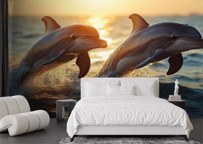 Two dolphins leaping out of the ocean under a bright, clear sky Wall mural