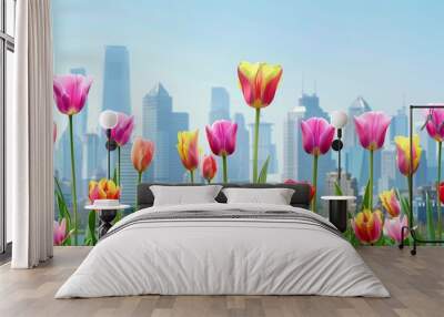 Urban spring meadow with vibrant tulips city skyline backdrop Wall mural