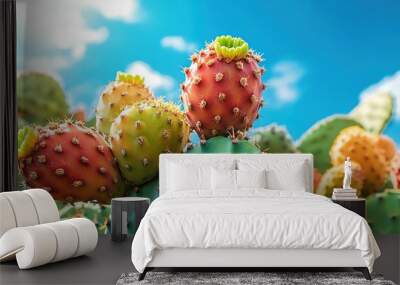 Vibrant prickly pear cactus fruit on a large green cactus plant under a bright blue sky Wall mural