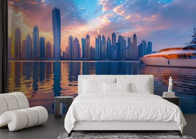 Yacht on calm water with modern city skyline at sunset, serene Wall mural