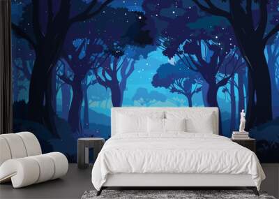 Night landscape with moon, Forest scene at night blue background, Vector illustration Wall mural