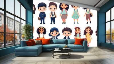 Set of Happy multiethnic preschool girls and boy standing in different expressions, Cute kids cartoon with different expressions, Set of funny and cute little boy and girl with different character Wall mural