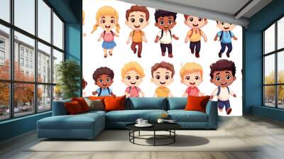 Set of Happy multiethnic preschool girls and boy standing in different expressions, Cute kids cartoon with different expressions, Set of funny and cute little boy and girl with different expressions Wall mural