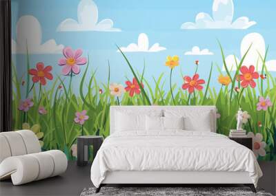 Spring grass and flowers, Beautiful green grass and white flowers, Green summer scene with flowers, Natural green grass with flowers, Vector illustration Wall mural