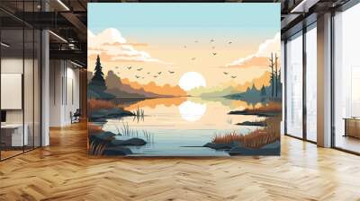 Sunset on a  Lake, Nature scene featuring a serene lakeside view Wall mural