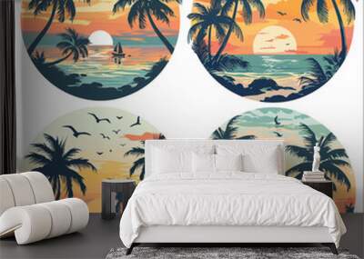 Tropical exotic beach sunset ocean sea, Sea beach and sunset, Tropical beach landscape with sea, Summer vacation concept circle icon, Tropical paradise island logo, Summer ads, Posters, Label, T-shirt Wall mural