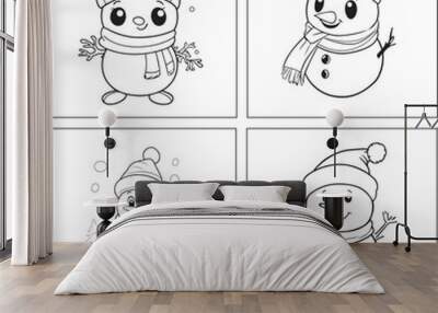 A snowman line art coloring page illustration Wall mural