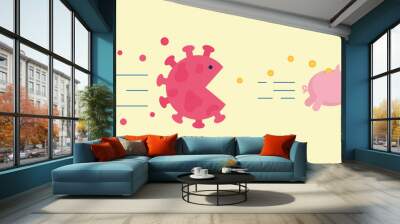 Angry coronavirus cell chase after piggy bank losing money trying to eat it. Corona virus economy crush, financial crisis, people have no money concept. Money pig runs from virus vector illustration Wall mural