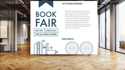 Book fair poster template.Header, text and place for photo.Scholastic library event announcement: festival,market,book lovers club.Stack of folio with heart symbol.Vector illustration,flat line style. Wall mural