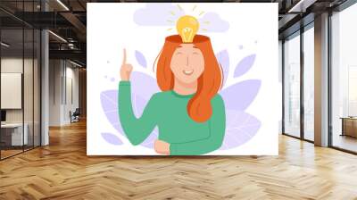 Inside woman’s head concept. Idea light bulb inside her mind. Vector illustration isolated on white Wall mural