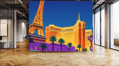 A colorful poster of Las Vegas, Nevada. The poster features the iconic Eiffel Tower and the Las Vegas Strip. The poster is designed to evoke a sense of excitement and adventure . Vector illustration. Wall mural