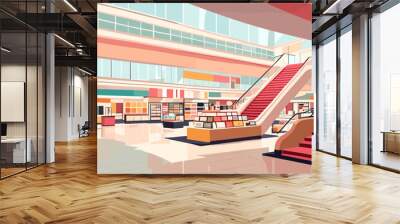 A large shopping mall with a red staircase leading to the second floor. The mall is brightly lit and has a modern design. Vector illustration. Wall mural