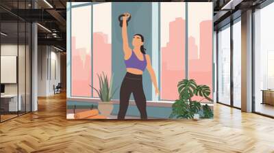 A woman is doing a kettlebell swing in a modern sport room, fitness class with panoramic windows and potted plants. Vector illustration Scene is energetic and active. Wall mural