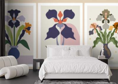 Abstract flower posters set. Trendy botanical wall arts with Iris, January birth month flower in hippie style. Modern naive groovy funky interior paintings. Colorful flat vector illustrations.  Wall mural