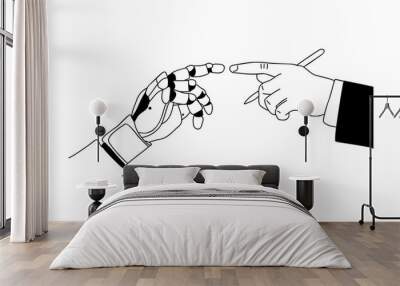 Artificial intelligence robot and human business man hands touching each other. Modern technology and computer science concept. Vector outline sketch black and white drawing isolated. Wall mural