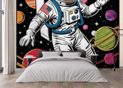 Astronaut in space retro Poster, background, cover. Space and the universe concept. Cosmonaut in spacesuit flying in galaxy with stars and planets vintage style colorful flat vector illustration. Wall mural