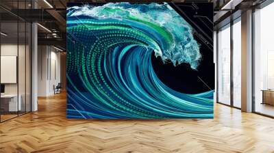 Big ocean wave in blue and green colors with many dots on it. Modern Technology and artificial intellect concept background. Vector illustration. Wall mural