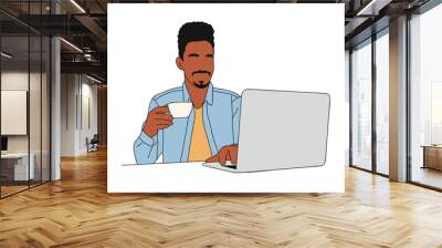 Black business man sitting at the desk, working on laptop, drinking morning coffee. Young african american guy in casual attire with cup of coffee or tea. Outline vector drawing isolated on white. Wall mural