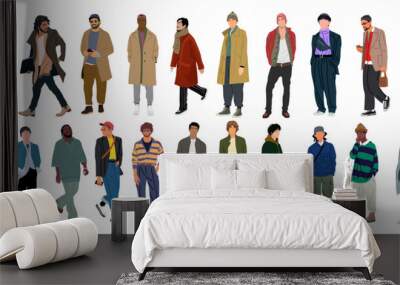 Bundle of Street fashion men vector illustrations. Young men wearing trendy modern street style outfit standing and walking. Cartoon stylish male characters isolated on transparent background. Wall mural