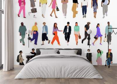 Bundle of Various people walking front, side view. Modern men and women different ethnicities, ages and body types in fashionable smart casual outfits. Vector illustrations on transparent background. Wall mural