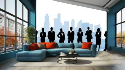 Business People Silhouettes on abstract City Skyline monochrome blue background. Vector Illustration for banner, cover, border. Wall mural