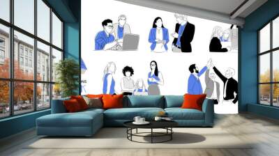 Business team members working together scenes. Business men and women Meeting, brainstorming, discussing, taking part in business activities. Vector colored line art on transparent background. Wall mural