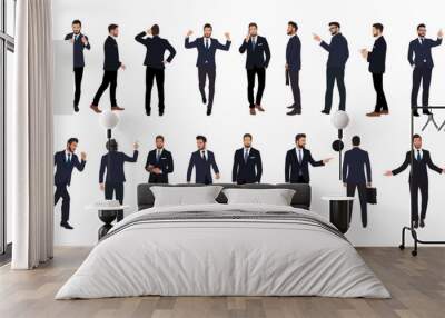 Businessman character in different poses. Handsome business man in formal suit standing, walking with phone, briefcase, front, back, side view. Vector realistic illustration on transparent background Wall mural