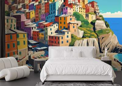 Cinque Terre, Italy Travel Destination Poster in retro style. Colorful painting of a town in Italy with a blue ocean in the background. European summer vacation, holidays concept. Vector illustration. Wall mural