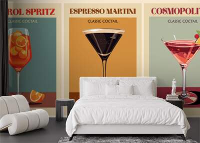 Cocktails retro poster set. Aperol Spritz, Espresso Martini, Cosmopolitan. Collection of popular alcohol drinks. Vintage flat vector illustrations for bar, pub, restaurant, kitchen wall art print. Wall mural