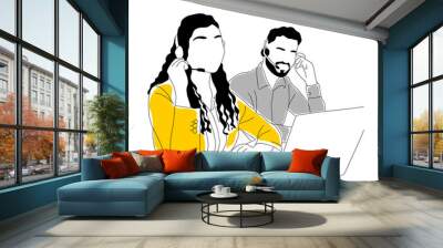 Customer service, call center concept. Online technical support, Hotline operators, virtual assistants, office workers with headsets. Business man, woman. Modern vector outline illustration isolated. Wall mural