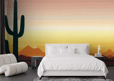 Desert landscape abstract art background. Texas western mountains and cactuses. Vector illustration of Wild West desert with red sky and sun. Design element for banner, flyer, card, sign template. Wall mural