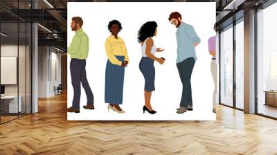 Different business team members standing, talking, greeting, shaking hands, taking part in business activities, meeting, brainstorming, coffee break. Multiracial people vector illustrations isolated. Wall mural