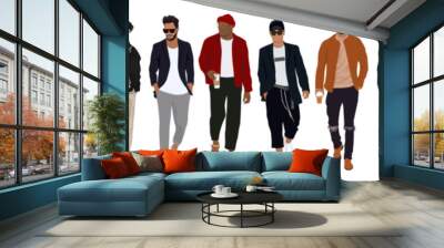 Diverse stylish men wearing modern street fashion clothes. Handsome guys in casual autumn wear. vector realistic illustrations isolated on transparent background. Wall mural