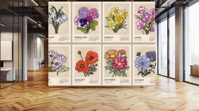 Floral calendar template for 2024 . Vertical design with birth month flowers. Vector illustration page template A3, A2 for printable wall monthly calendar. Week starts on Monday. Wall mural