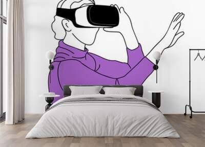 Girl using VR headset. Young woman in futuristic Virtual Reality glasses. Hand drawn thin line style vector illustration of person and AR isolated on white background. Wall mural