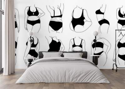 Line art vector illustration of curvy women in underwear. Plus size girls in bikini Body positive abstract minimalist drawing for wall art, poster, card, logo. Isolated on transparent background. Wall mural