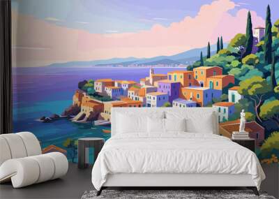 Mediterranean sea beach landscape. Italy, Greece, Spain Travel destination. Seaside with old traditional houses. Vector colorful illustration of european coast. Summer banner, poster, background. Wall mural