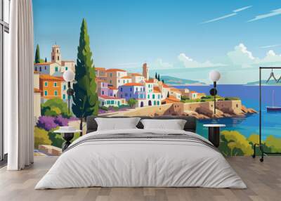 Mediterranean sea beach landscape. Italy, Greece, Spain Travel destination. Seaside with old traditional houses. Vector colorful illustration of european coast. Summer banner, poster, background. Wall mural