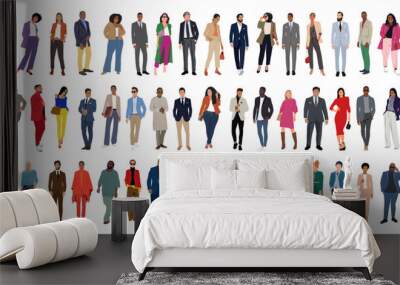 Modern business people bundle. Vector realistic illustrations of diverse multinational standing cartoon men and women in smart casual, formal outfits. Isolated on transparent background. Wall mural