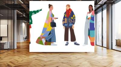 Modern women collection. Vector realistic illustration of diverse multinational cartoon girls in casual street fashion autumn outfit, knitted vintage clothes. Isolated on transparent background. Wall mural