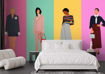 modern women collection. vector realistic illustration of diverse multinational standing cartoon gir Wall mural