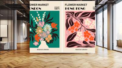 Set of abstract Flower Market posters. Trendy botanical wall arts with floral design in bright colors. Modern naive groovy funky interior decorations, paintings. Vector art illustration. Wall mural